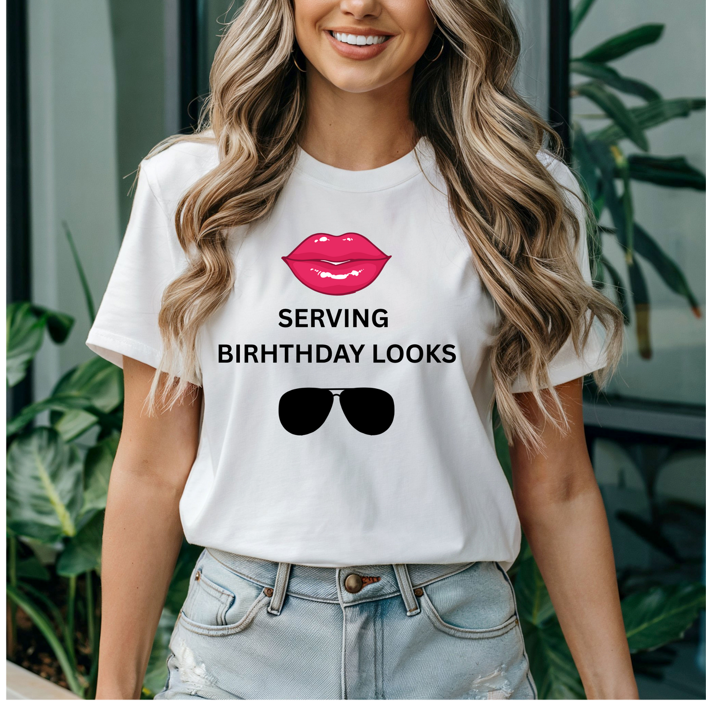 Serving Birthday Looks white Birthday T-shirt celebration special occasion lipstick sunglasses